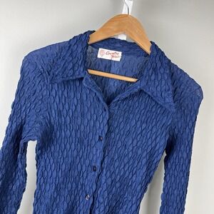 Vintage 70s Country Flair Bodysuit Shirt Top Womens S Blue Nylon Semi Sheer